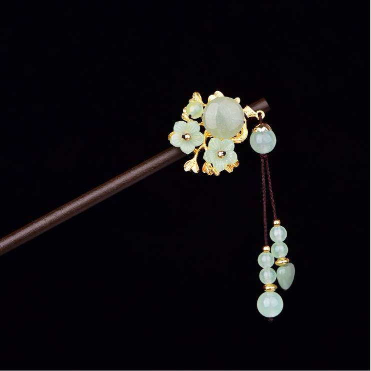 精品复古典风手工淡绿玉石发簪簪子古风珠钗盘头发饰配饰中国风