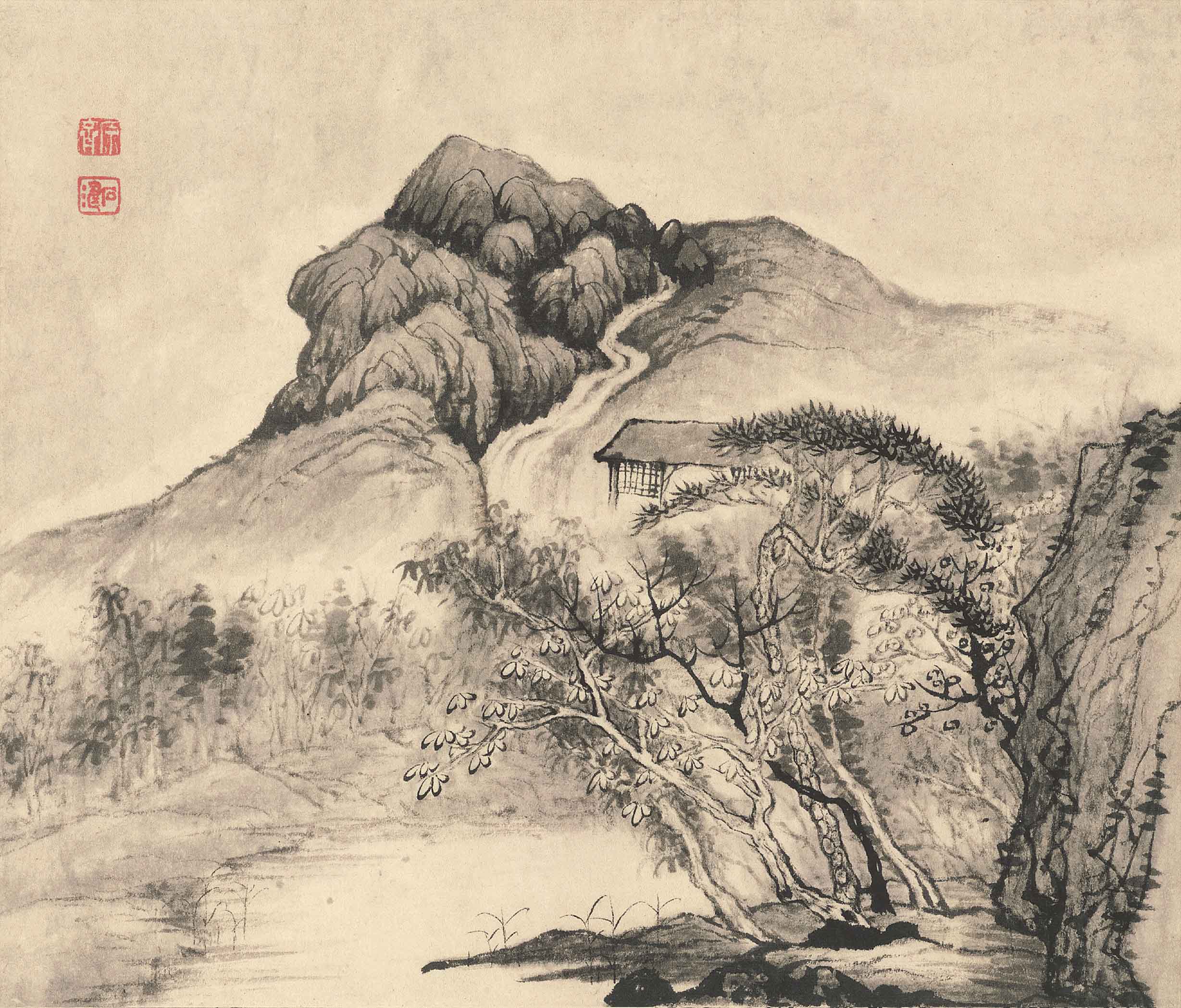 高清微临摹复制清微册页石涛小品山水画全套十二开国画