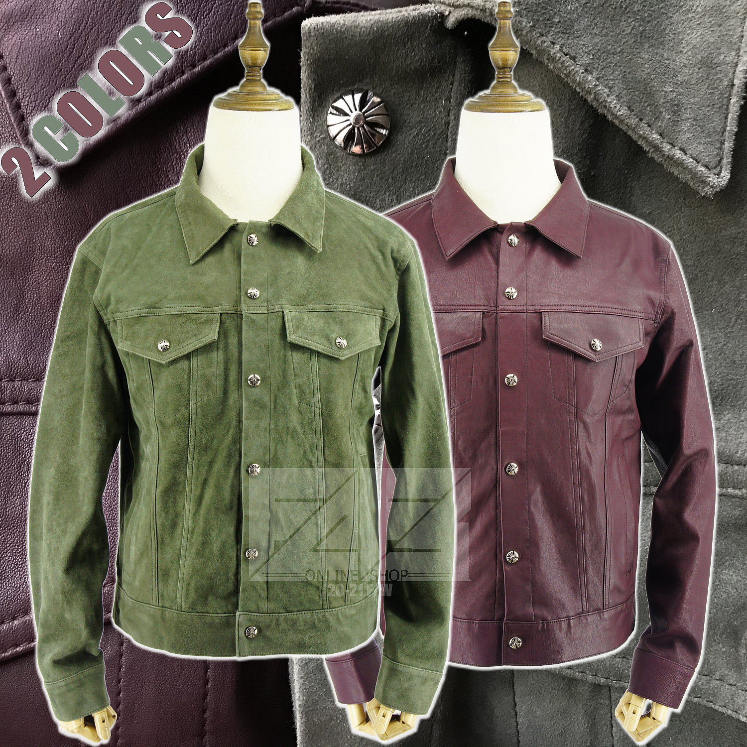 超薄弹力羊皮牛仔服皮衣镀银十字架章军绿色翻毛皮衣