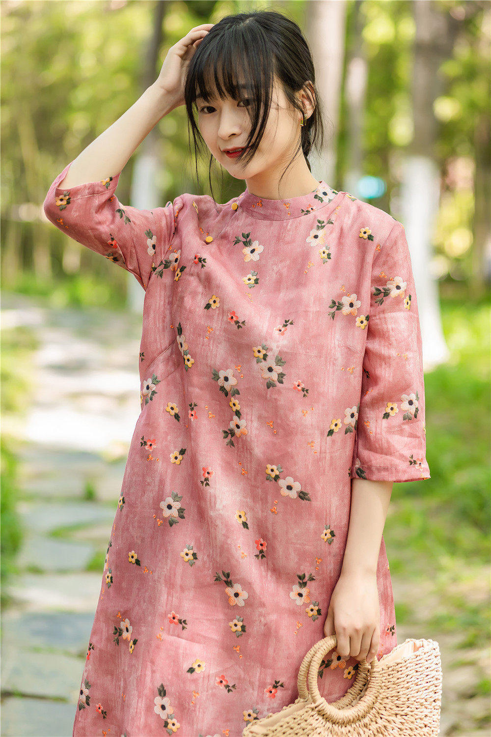 中国裙子棉麻中长女夏连衣裙改良国风旗袍印花旗袍