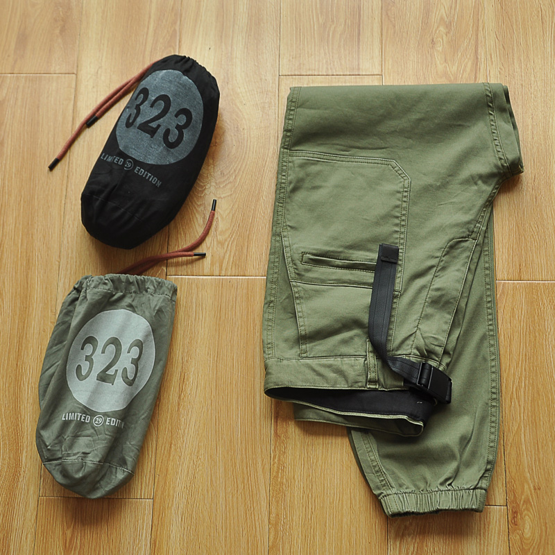 美式宽松弹力束脚纯色原创多口袋青年卡扣腰带工装裤男士休闲裤潮