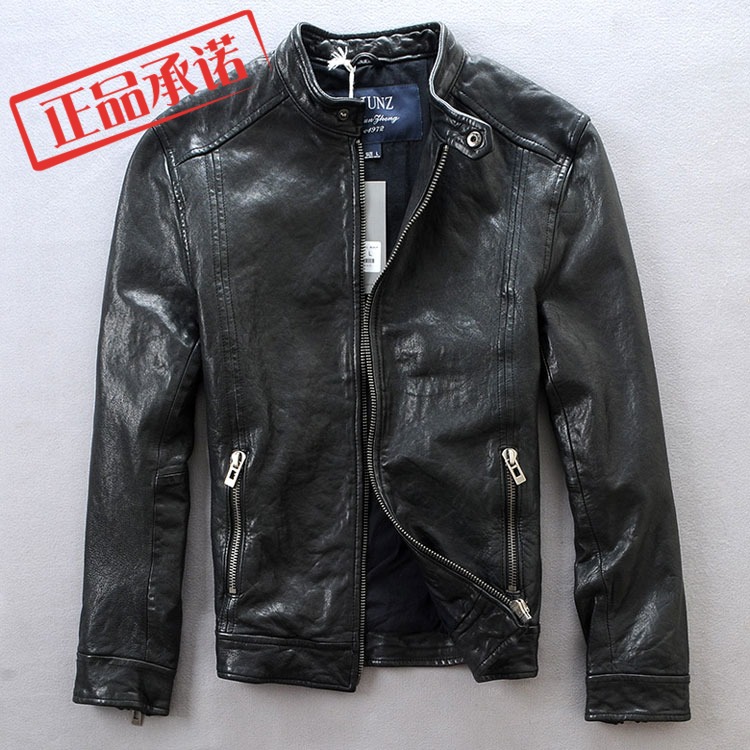HJZ 植糅山羊皮 立领韩版修身短款机车皮夹克 男士真皮皮衣 外套