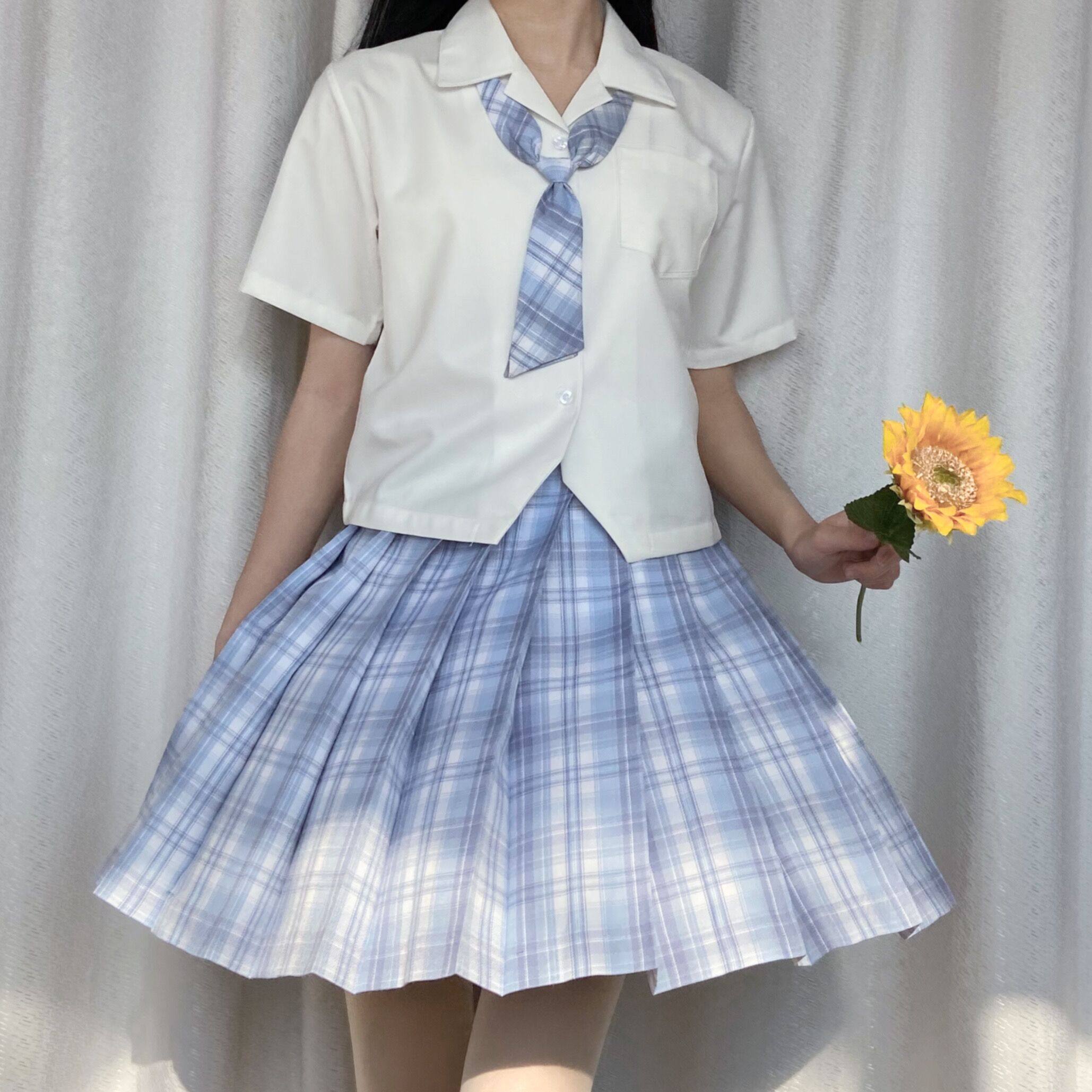 jk制服定制短裙百褶半身格裙悠月色系蓝色学生校服