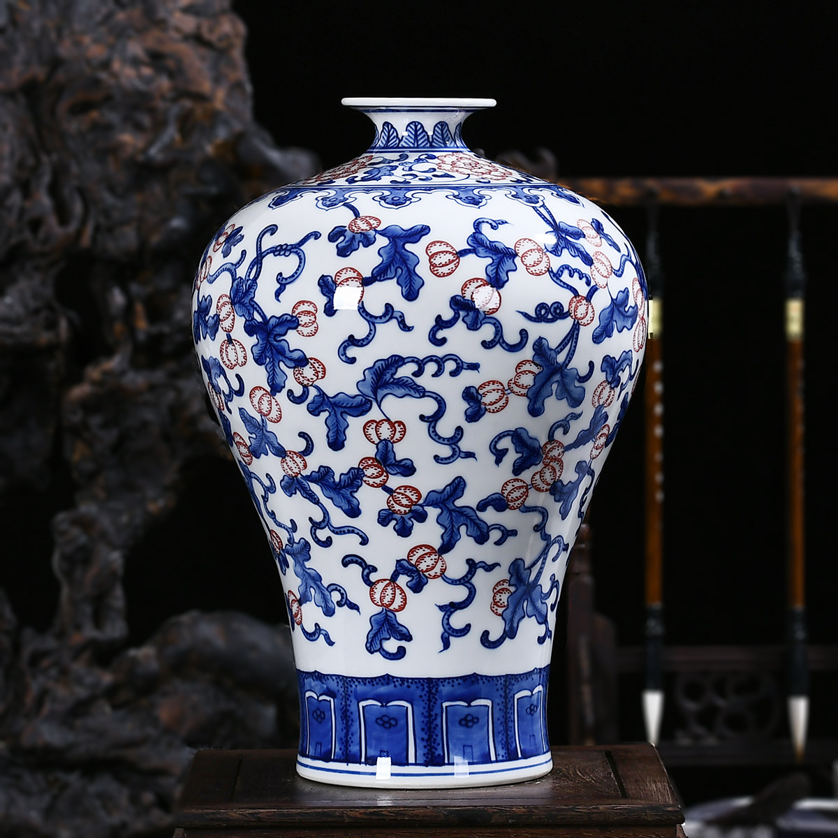 景德镇陶瓷器仿古手绘青花青花瓷瓷釉里红花瓶家居装饰花瓶