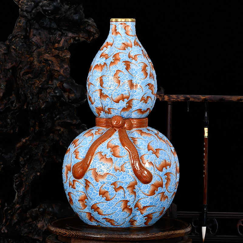 英大瓷馆景德镇陶瓷花瓶仿古手绘明清古典飘带葫芦花瓶