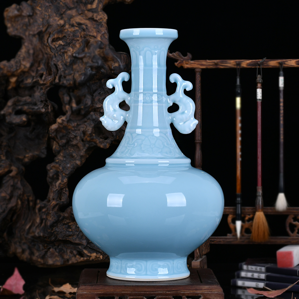 复古景德镇陶瓷器手工仿古粉青双耳家居客厅花瓶花瓶