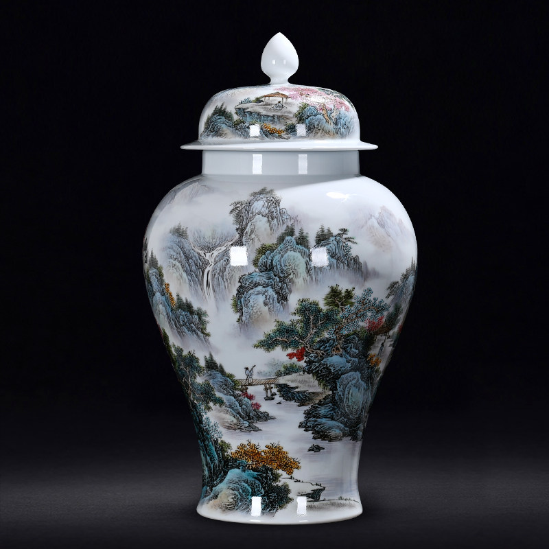 景德镇陶瓷山水客厅中式将军粉彩花瓶广田汪广田手绘花瓶