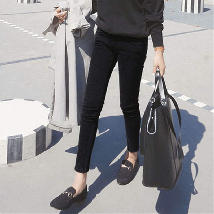 韩国2021秋冬新款加绒牛仔裤女高腰弹力紧身百搭烟灰色九分小脚裤