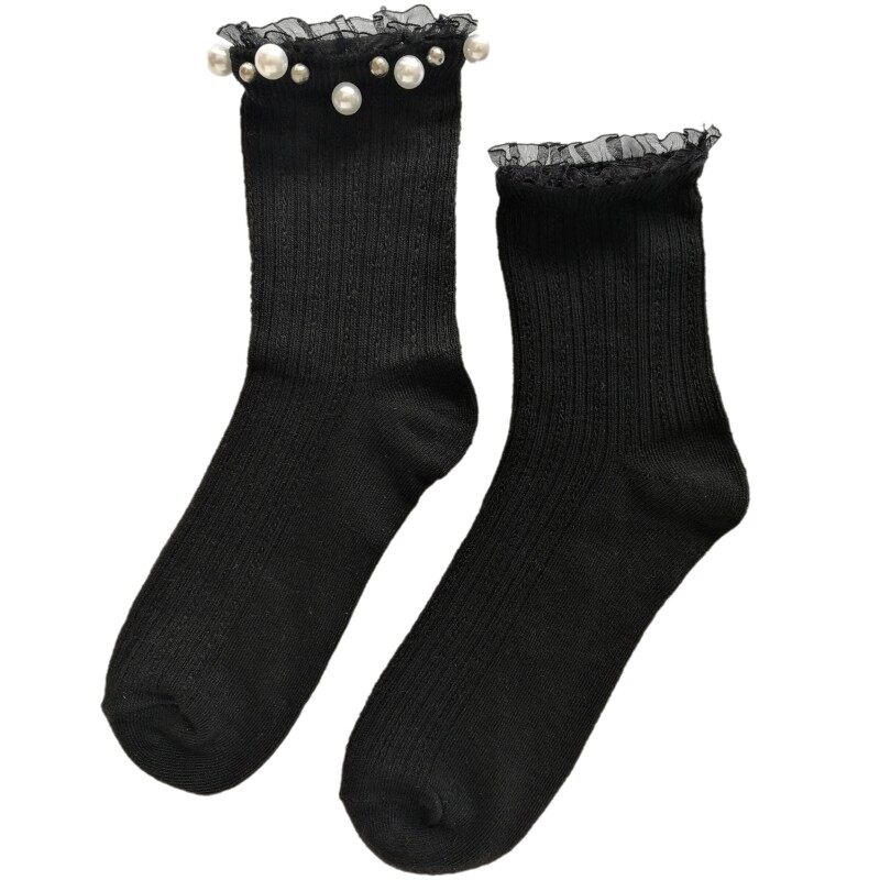 袜子女ins潮蕾丝边黑色纯棉短袜皮鞋春夏季网红中筒袜