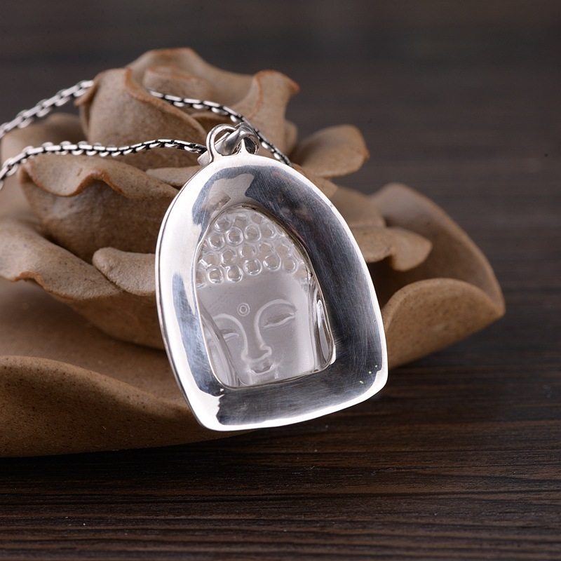 纯银s925如来佛佛首释迦牟尼银饰复古吊坠镶嵌佛头项坠