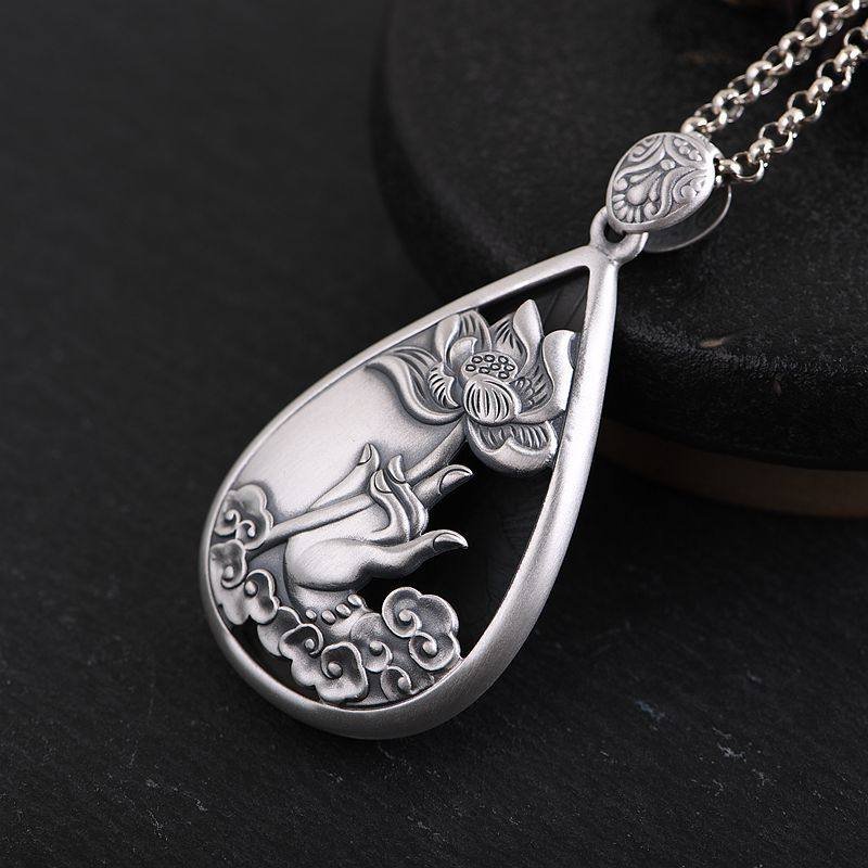 水滴佛手拈花纯银吊坠项坠足银复古女款时尚项坠