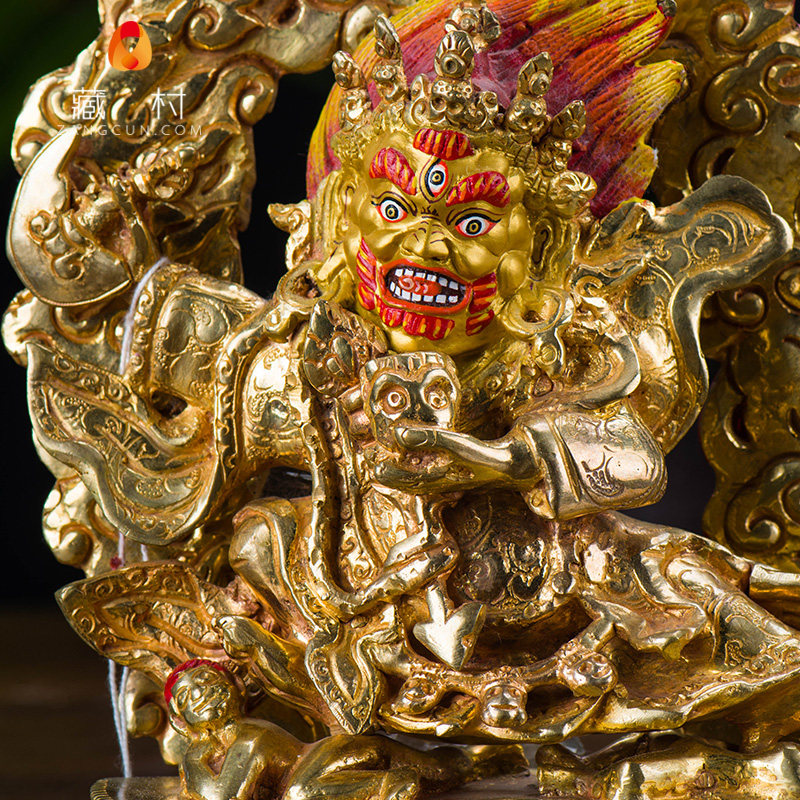 二臂玛哈嘎啦 佛教密宗摆件尼泊尔手工7寸纯铜全鎏金黑袍金刚佛像