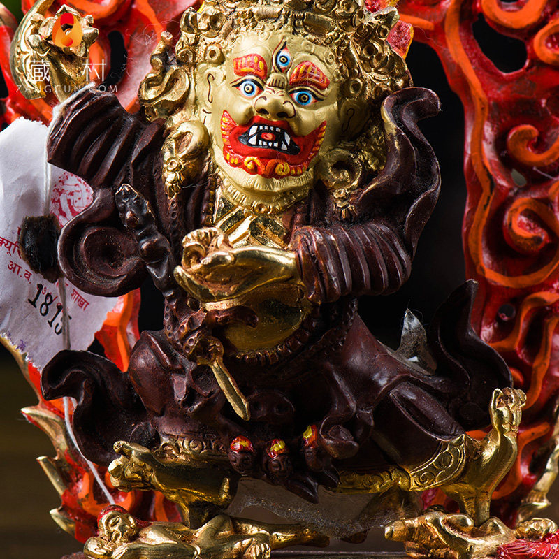 藏传佛教尼泊尔进口6寸半鎏金黑袍金刚二臂玛哈嘎拉摆件