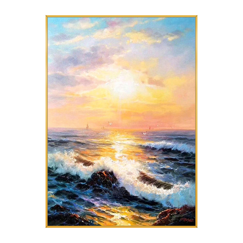 蒸蒸日上手绘油画海平面日出玄关挂画现代客厅风景油画