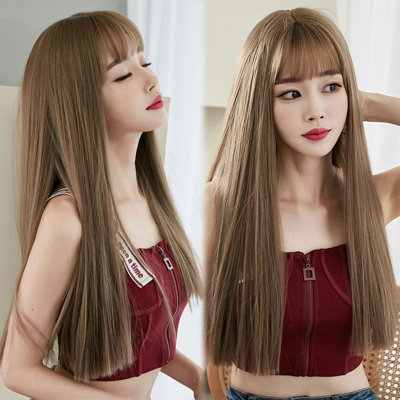 假发亚麻刘海中长发海中空气麻色蓬松自然长直日常整顶假发