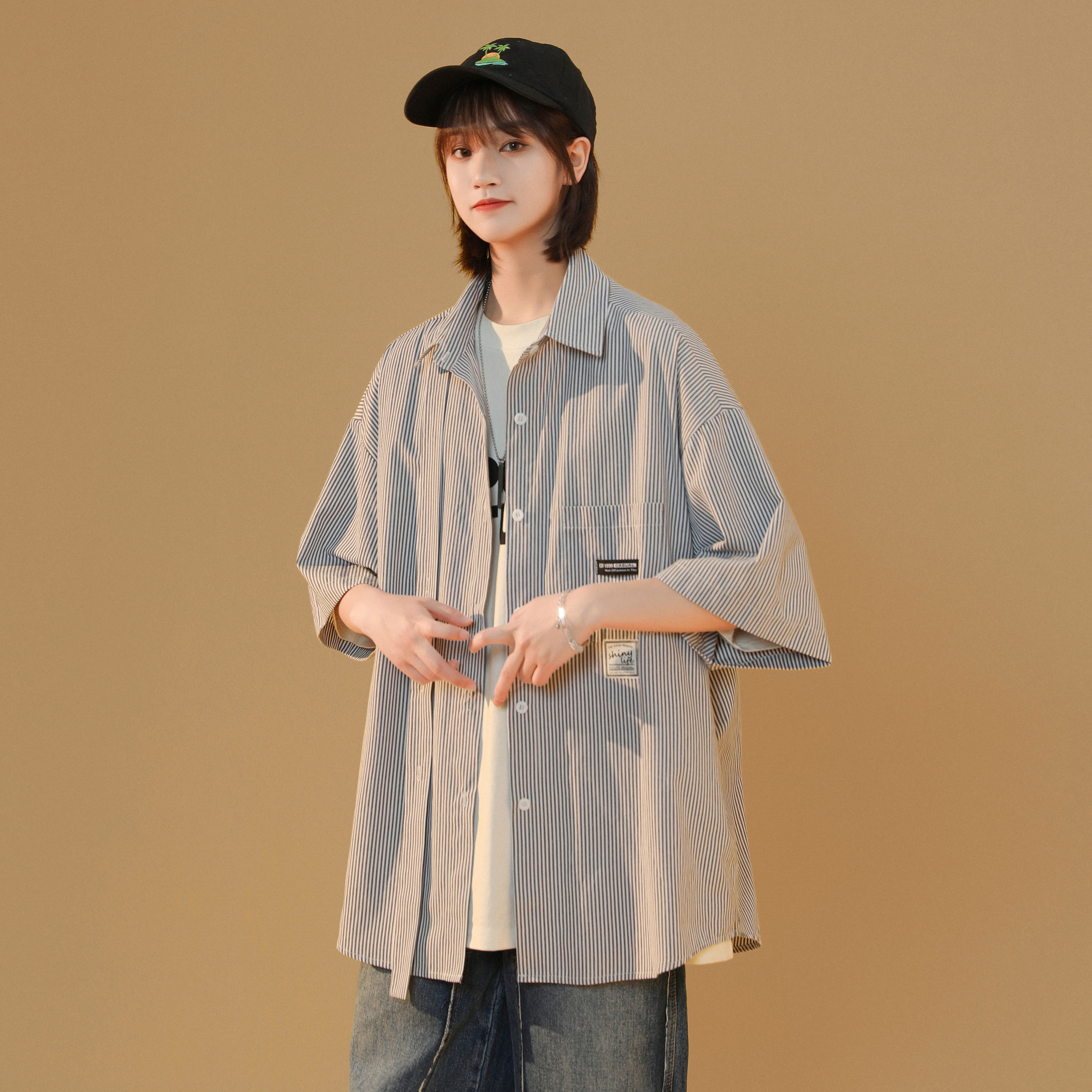 穿搭日系风格韩版港外套女衬衣薄款盐系夏条纹条纹衬衫