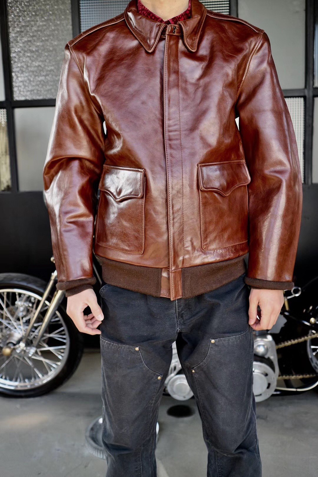 皮夹克全新棕红红色a2意大利植鞣牛皮空军飞行皮衣