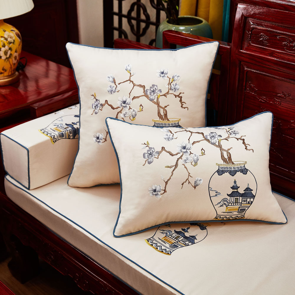 新中式靠枕中国风刺绣花抱枕家用客厅红木沙发床头靠垫套腰枕定制