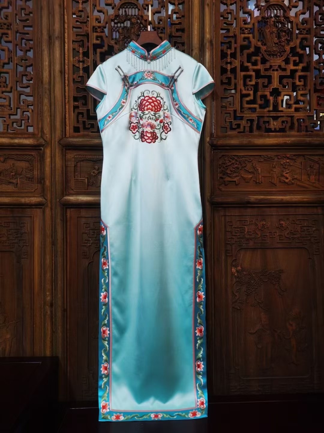 旗袍娇古苏绣牡丹绣花双襟拉链重磅真丝旗袍