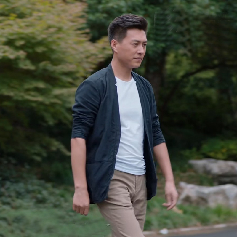 欢乐颂时尚都市休闲亚麻衬衫男春夏装薄款上衣长袖立领棉麻衬衣男