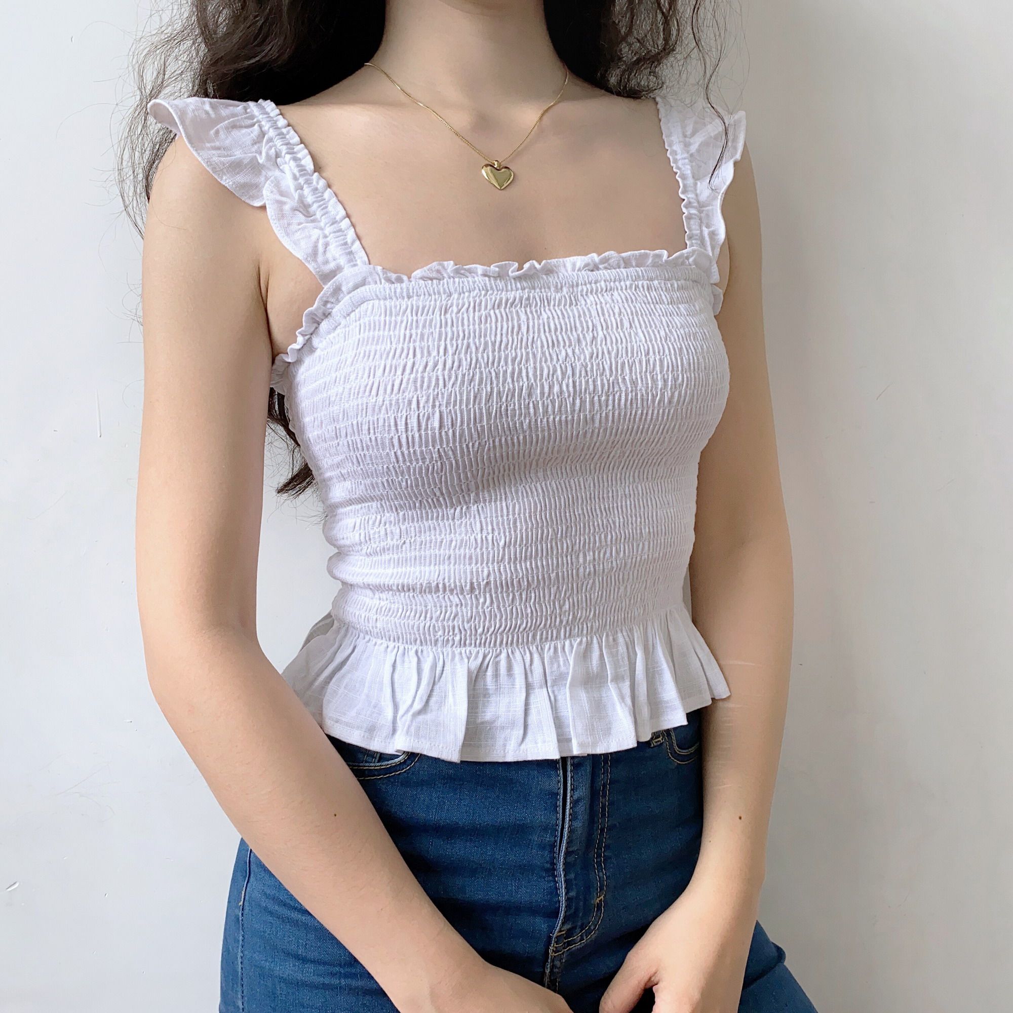 gogirl法式可爱飞袖白色吊带背心全身褶皱背心吊带