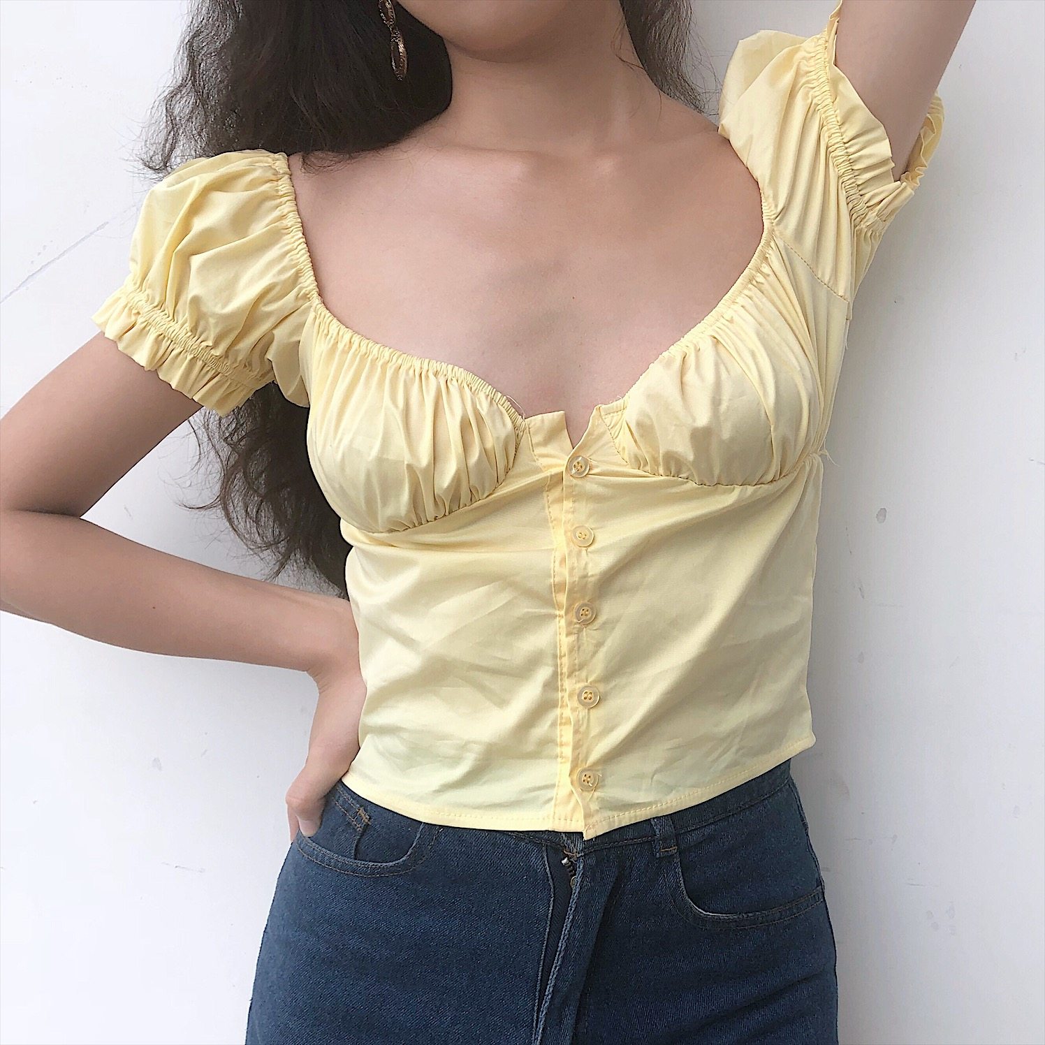 gogirl法式超低低胸性感系扣泡泡衬衫上衣衬衫