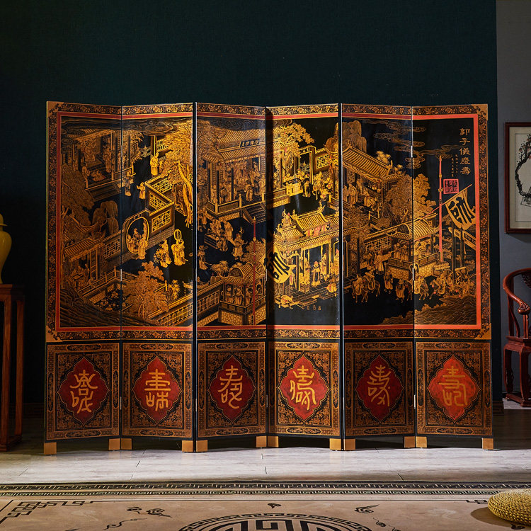 古典屏风描金中式酒店折屏手工隔断背景玄关折屏