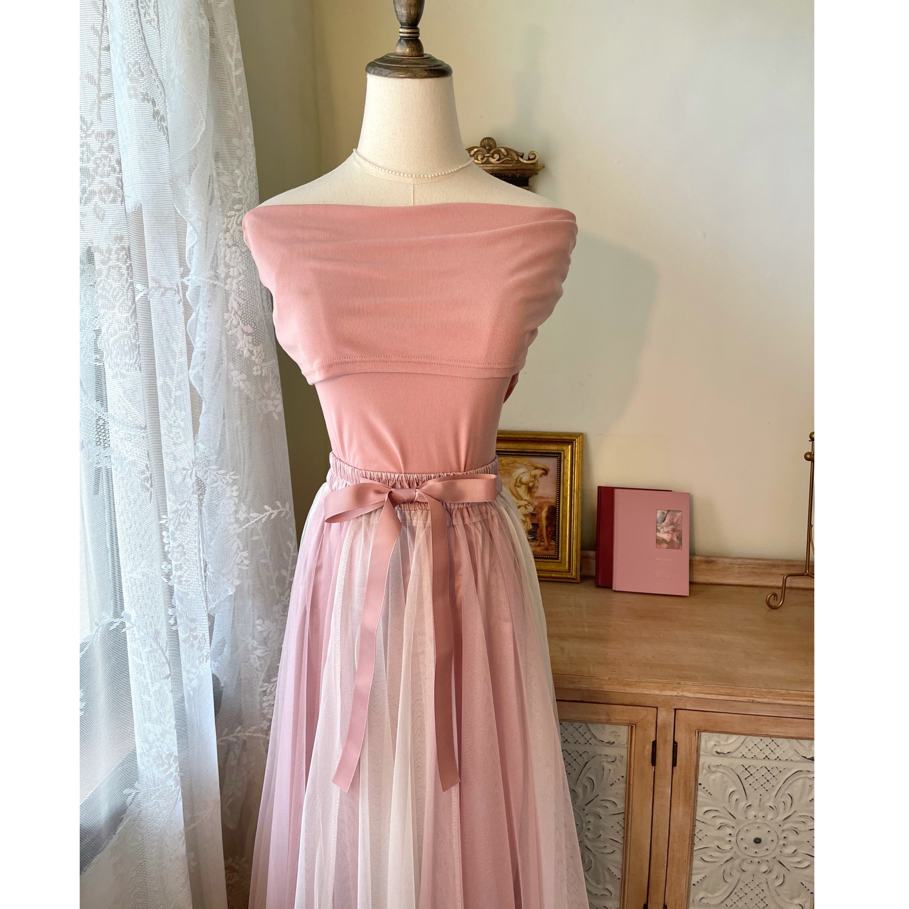 时光coco小姐粉色仙女蝴蝶拼色纱裙半身高腰半身裙