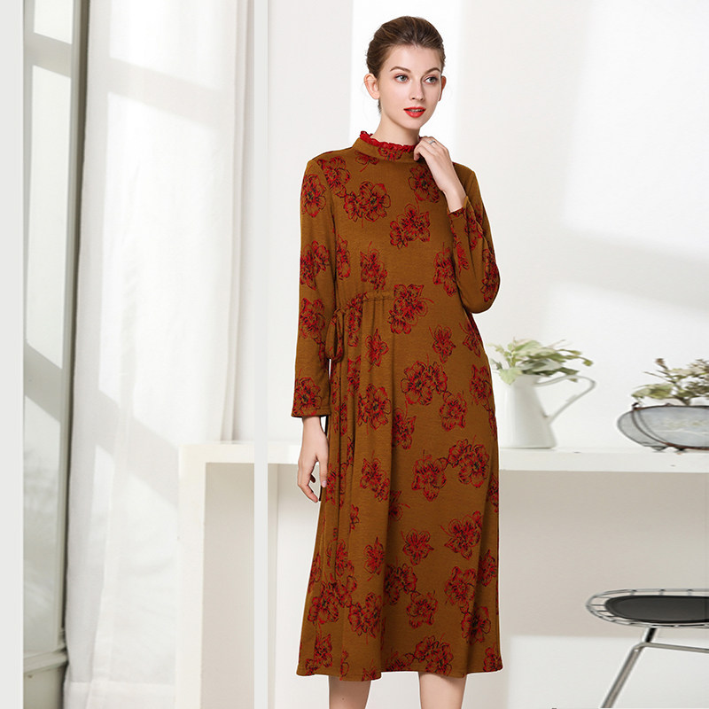 本本原创秋冬新款连衣裙宽松大码立领气质澳绒连衣裙