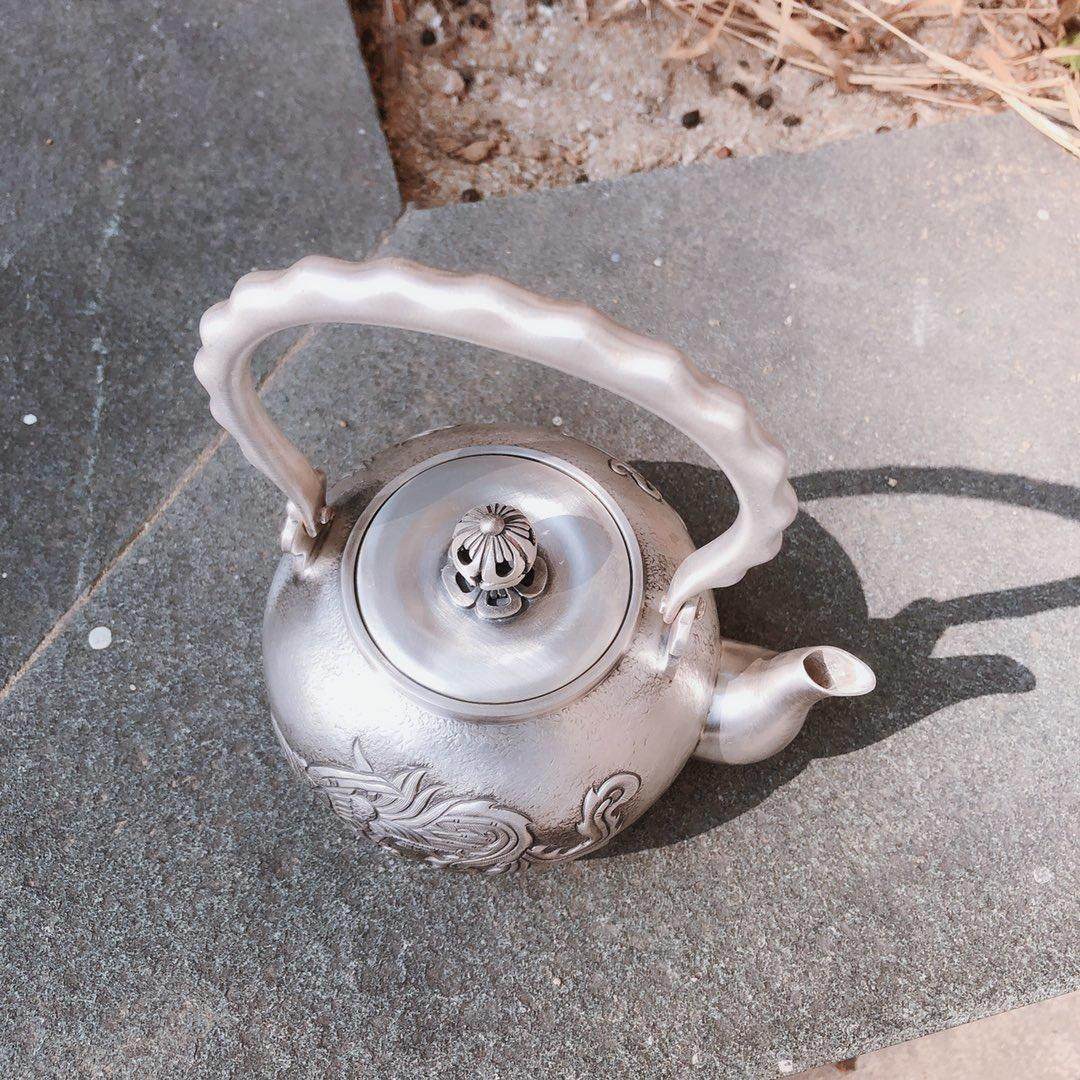 百寻s999纯银复古做旧霸气气浮雕龙烧水壶家用摆件