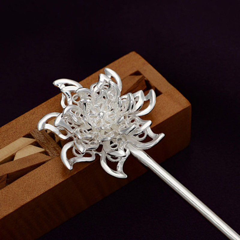 百寻手工纯银发簪头钗s990足银风花古典民族风摆件