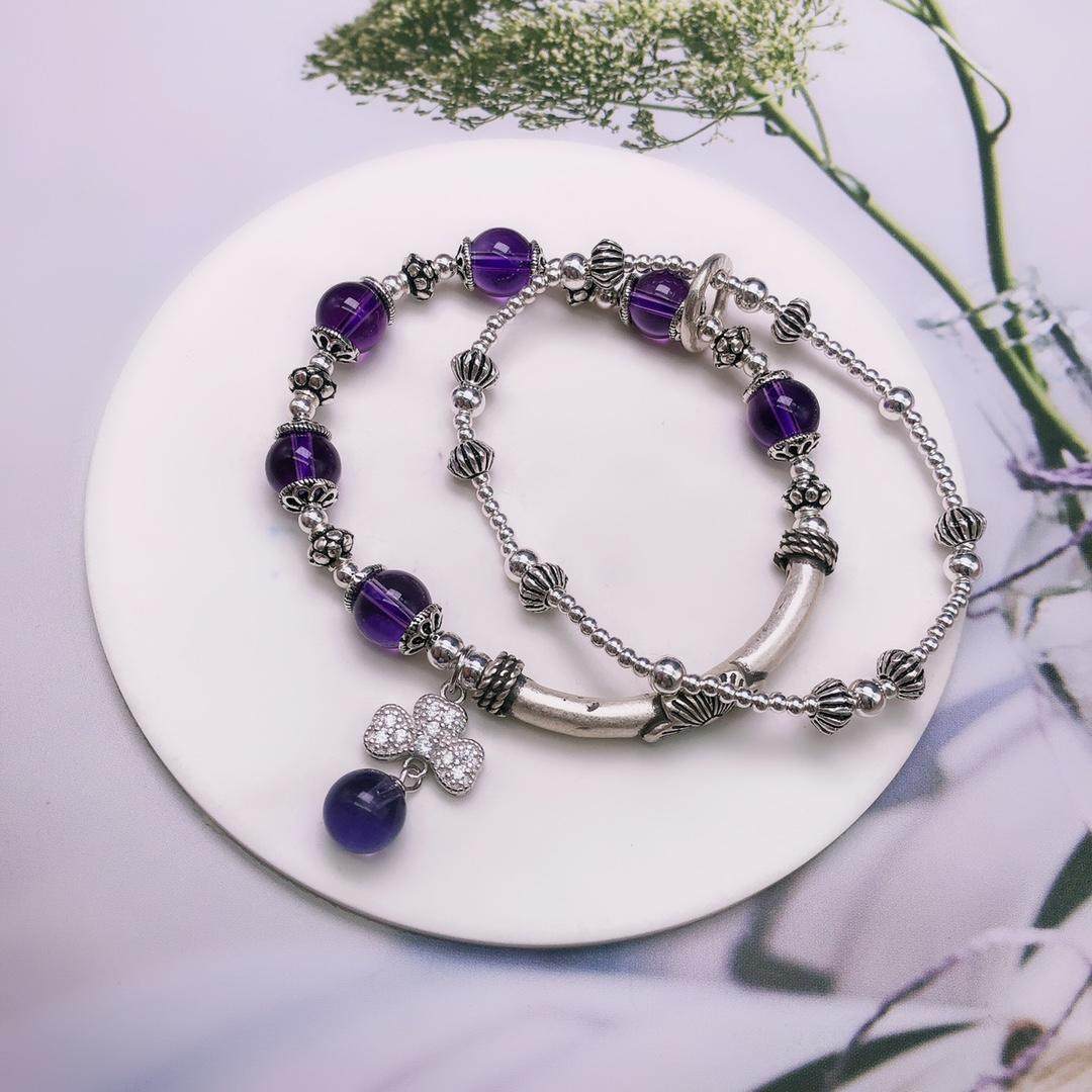 百寻红尘紫景手链天然紫水晶diy复古银手串创意手链