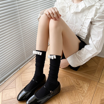 Spring and summer thin smoke gray calf socks Korean bow versatile pile socks JK milk white mid-calf socks for women