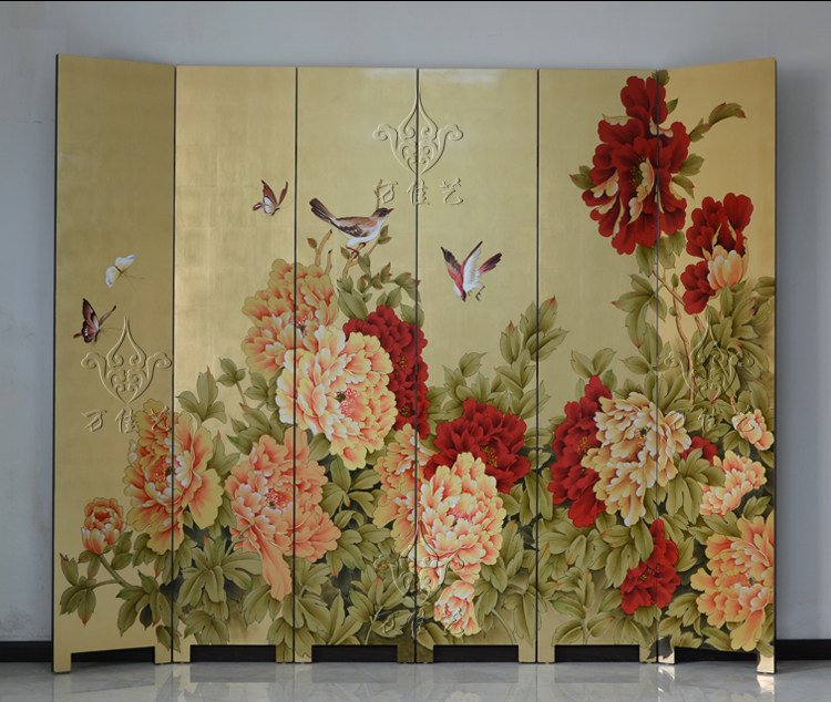 高档手绘牡丹牡丹花花鸟屏风隔断客厅实木环保折屏
