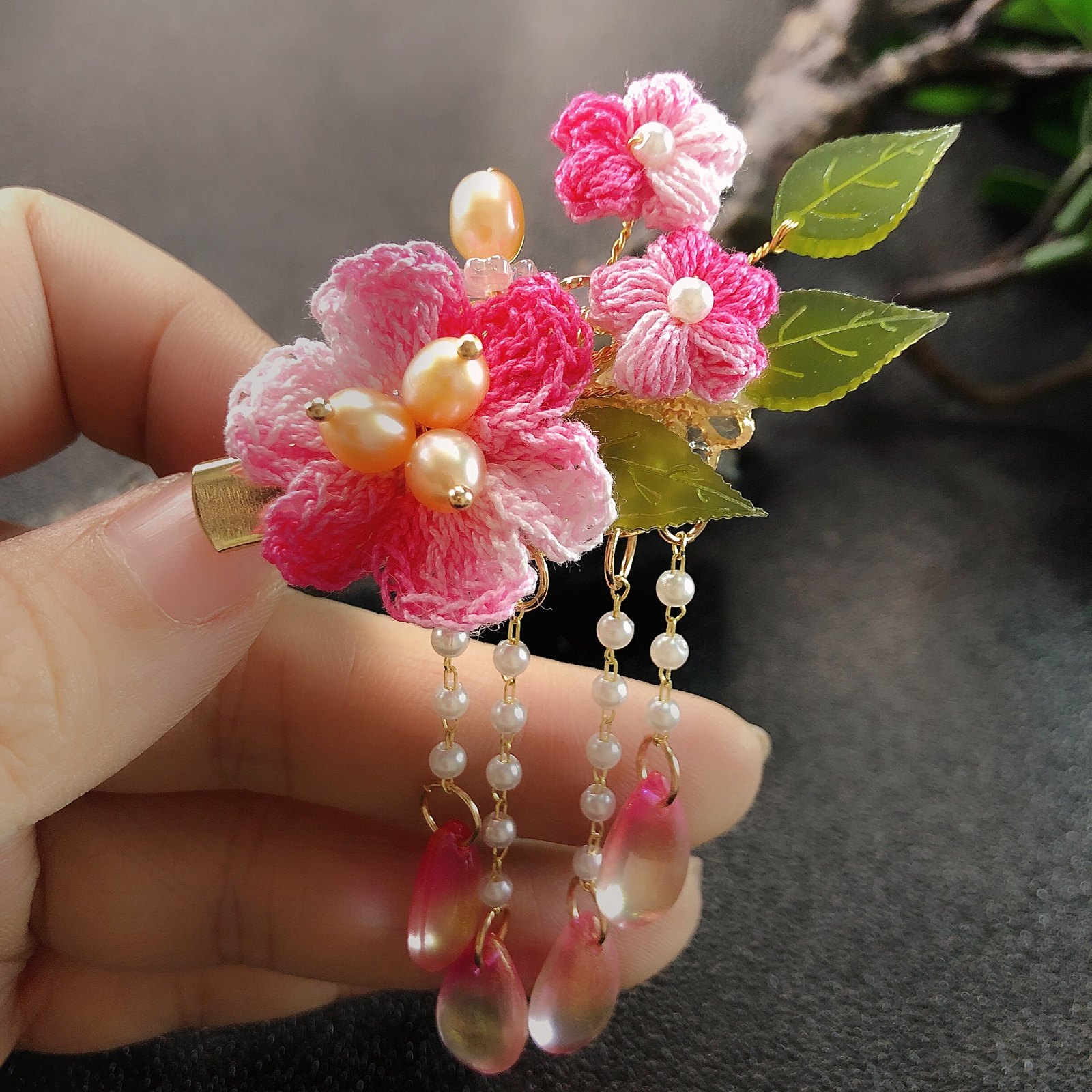 diy桃花春色古风汉服儿童发饰边夹珍珠琉璃流苏清新发夹少女复古