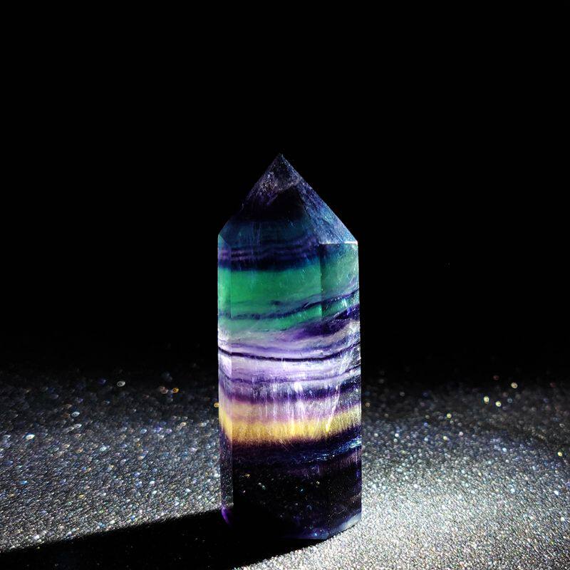 天然七彩萤石柱子糖果色彩虹六棱单尖六面水晶摆件
