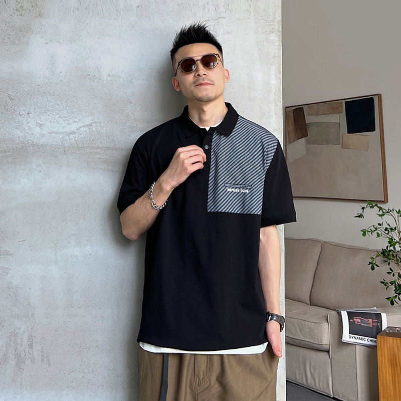 杠叔夏季男士拼接条纹POLO衫纯棉时尚短袖美式休闲宽松半袖痞帅潮