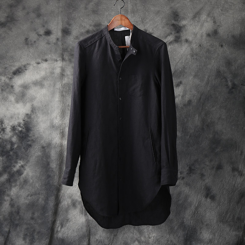 设计师男装春秋季苎麻中长款衬衫男士外套不规则发型师衬衣潮5cm