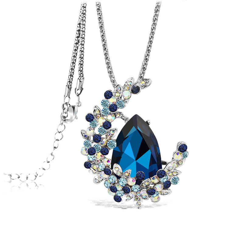 项链新款韩版蓝水晶镶钻长款月光吊坠水滴宝石项链