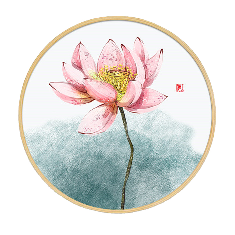 新中式禅意水墨荷花实木圆形装饰画创意花卉国画现代装饰画
