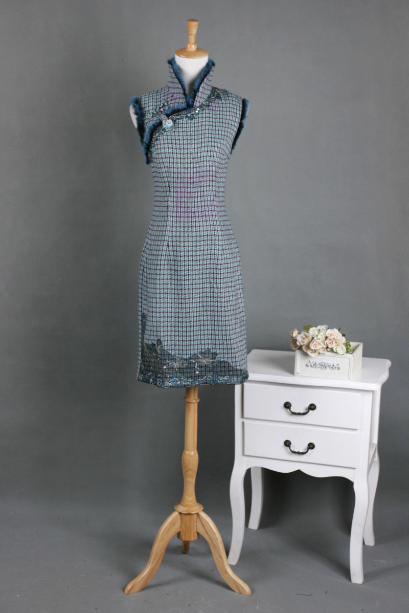 真皮皮草镶边改良日常旗袍羊毛修身连衣裙瑕疵旗袍