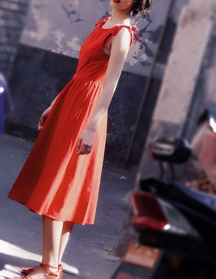 赫本定制连衣裙80年代港风复古小红裙中长款一字领绑带蝴蝶结礼服
