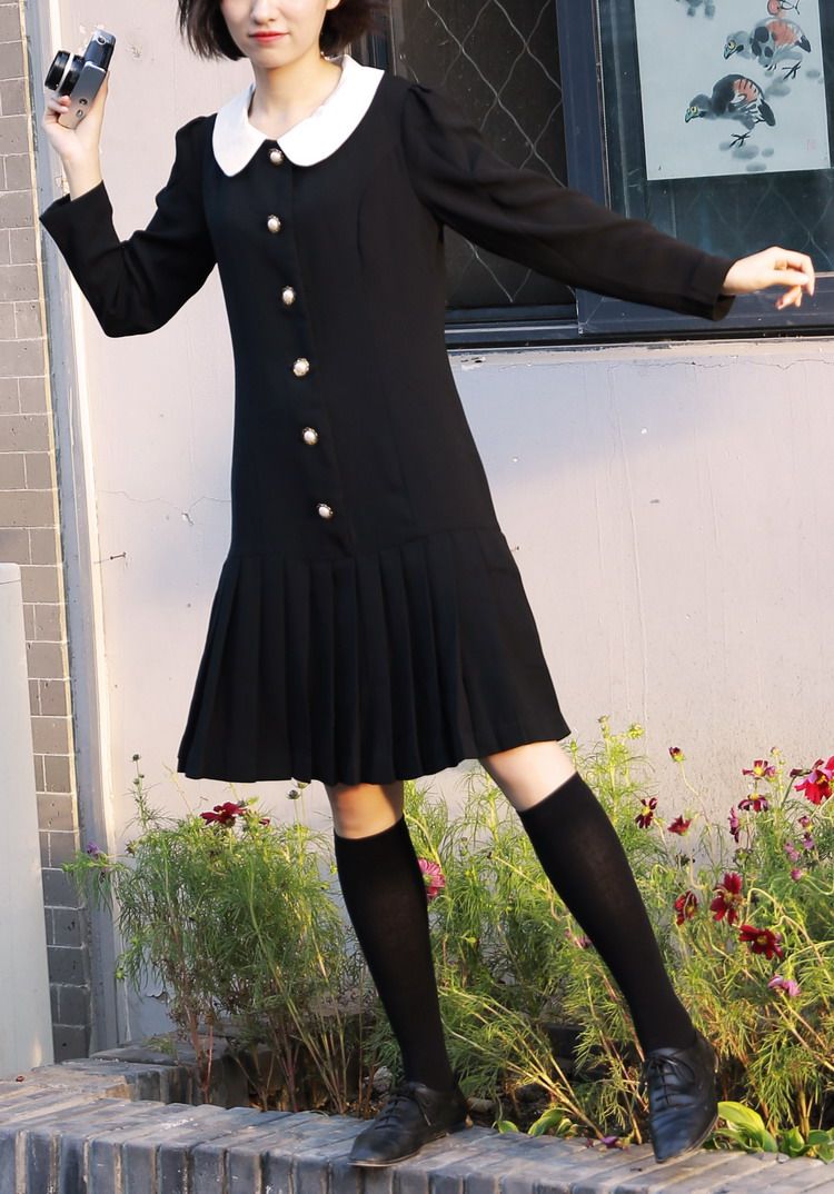 独家自制学院风假jk制服日系连衣裙女早春中长款长袖娃娃领百褶裙