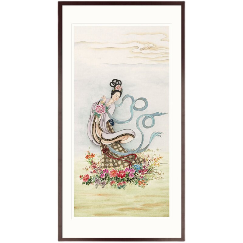 手绘工笔神仙国画桃花仙姑百花花仙子天女散花佛堂国画