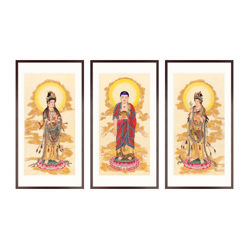 工笔佛像国画西方三圣阿弥陀佛大势至观世音菩萨画像供奉画框挂画
