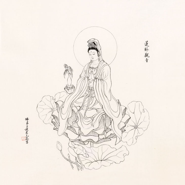 精品人物国画佛像画程宗元白描三十三观音菩萨画像中式装饰画挂画