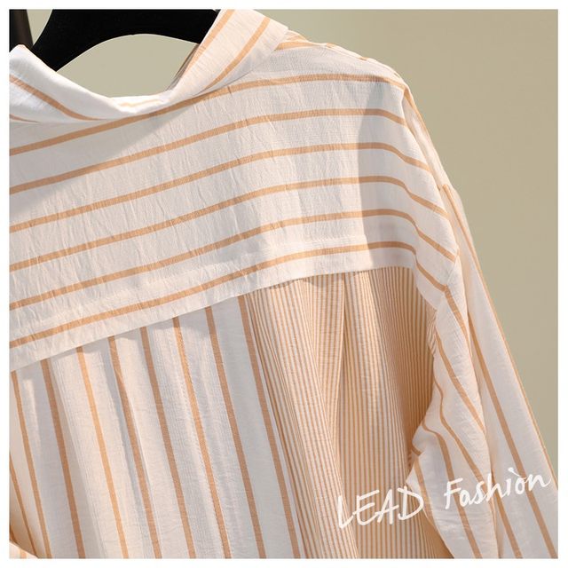 Single pocket color matching vertical stripe cotton hemp shirt women's 2020 autumn new Korean style literature and art loose casual shirt top Single pocket color matching vertical stripe cotton hemp shirt women's 2020 autumn new Korean style literature and art loose casual shirt top