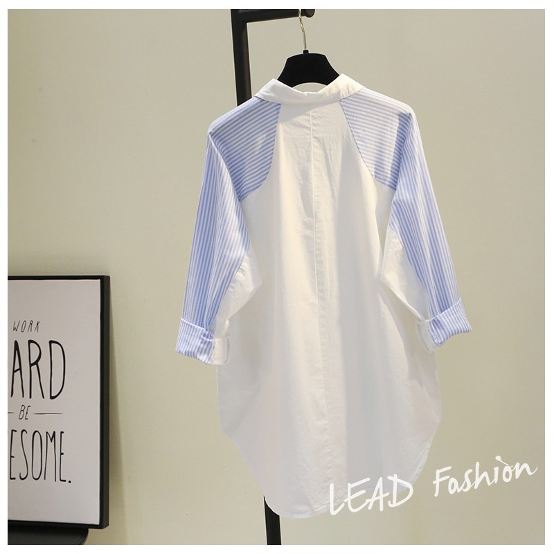 插肩袖竖条纹白色衬衫2020春秋新款韩版拼色文艺范衬衣休闲上衣潮