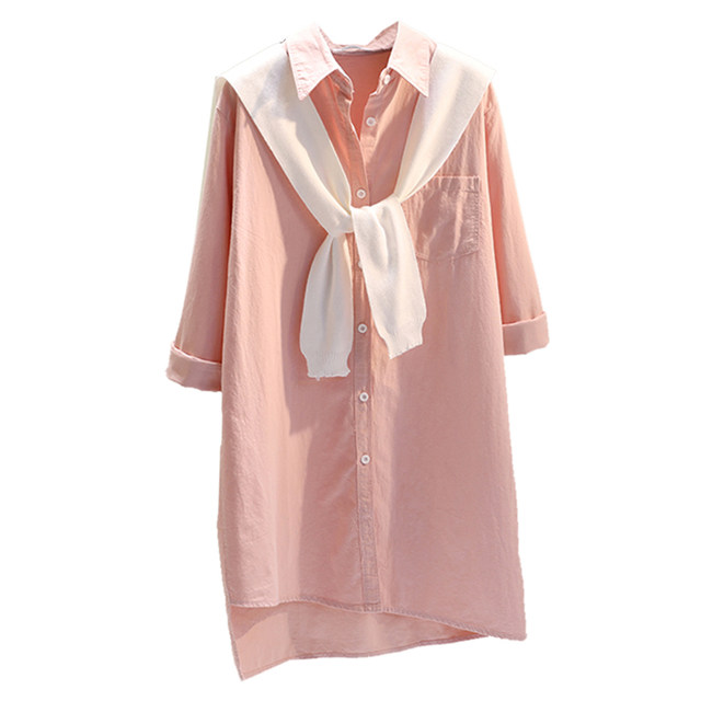 Pink shawl mid-length shirt skirt female 2020 autumn new Korean loose casual shirt can wear cardigan Pink shawl mid-length shirt skirt female 2020 autumn new Korean loose casual shirt can wear cardigan