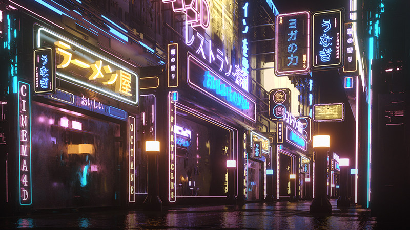 c4dcinema4d软件霓虹灯街景场景渲染东京街头节点设计创作